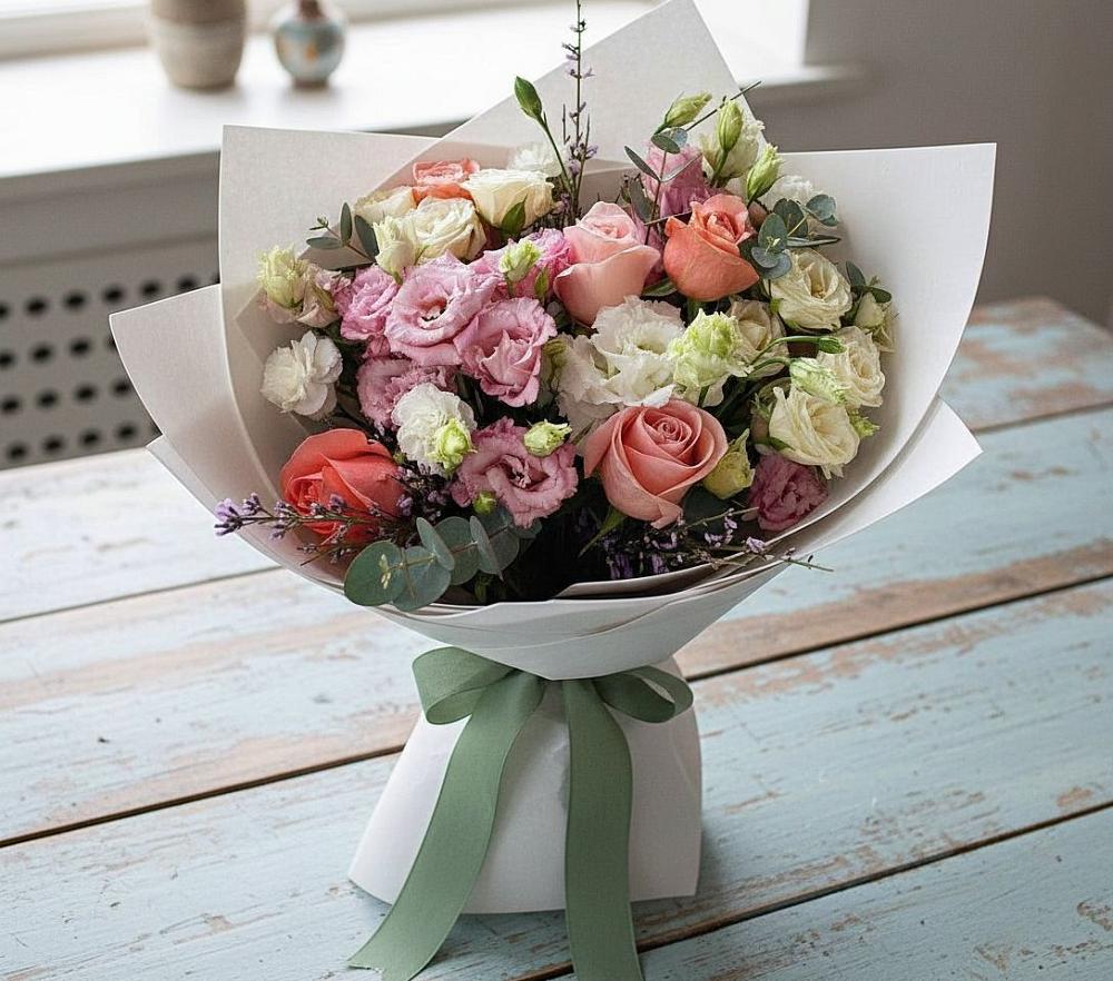 Букет цветов из: Розы, Лизиантусы и Гвоздики в Туймазы